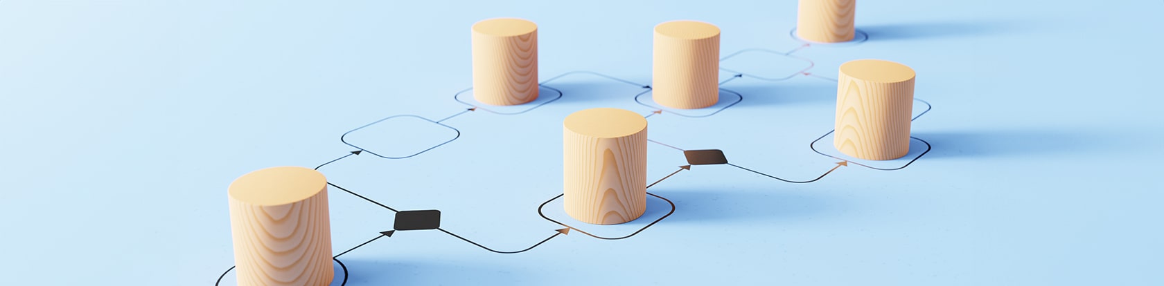 Modellierter Requirements Engineering Prozess mit Holzfiguren auf den Prozesspunkten
