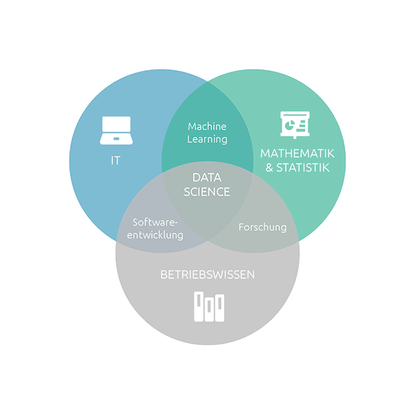 Drei Kreise greifen ineinander, die die Grundlage für Data Science darstellen: IT, Mathematik und Statistik und Betriebswissen