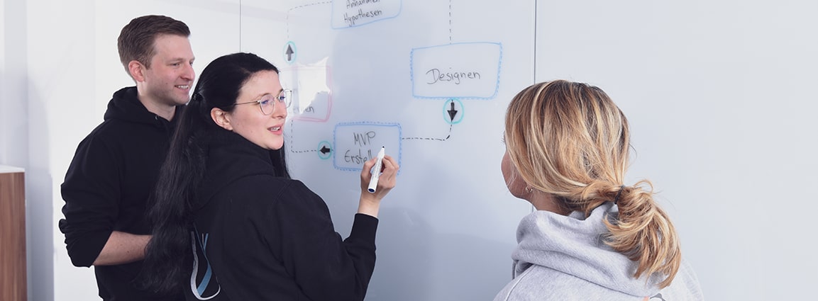 Die UX-Experten und Expertinnen der BROCKHAUS AG beraten sich am Whiteboard