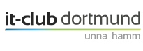 Das Logo des it-club dortmund zeigt die Lettern in schwarzer Schrift, unterstrichen von einer blau-grünen Linie
