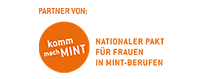 Das Logo von Komm mach MINT zeigt den Schriftzug in einem orangefarbenen Kreis