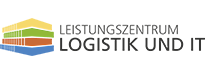 Das Logo des Leistungszentrum zeigt die stilisierte Darstellung eines Gebäudes aus vier Farbblöcken in gelb, grün, rot und blau sowie den Schriftzug LEISTUNGSZENTRUM LOGISTIK UND IT in schwarz